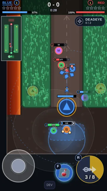 Blue team pushing up the Lite Arena lane with minions while the red Hunter and Mage defend
