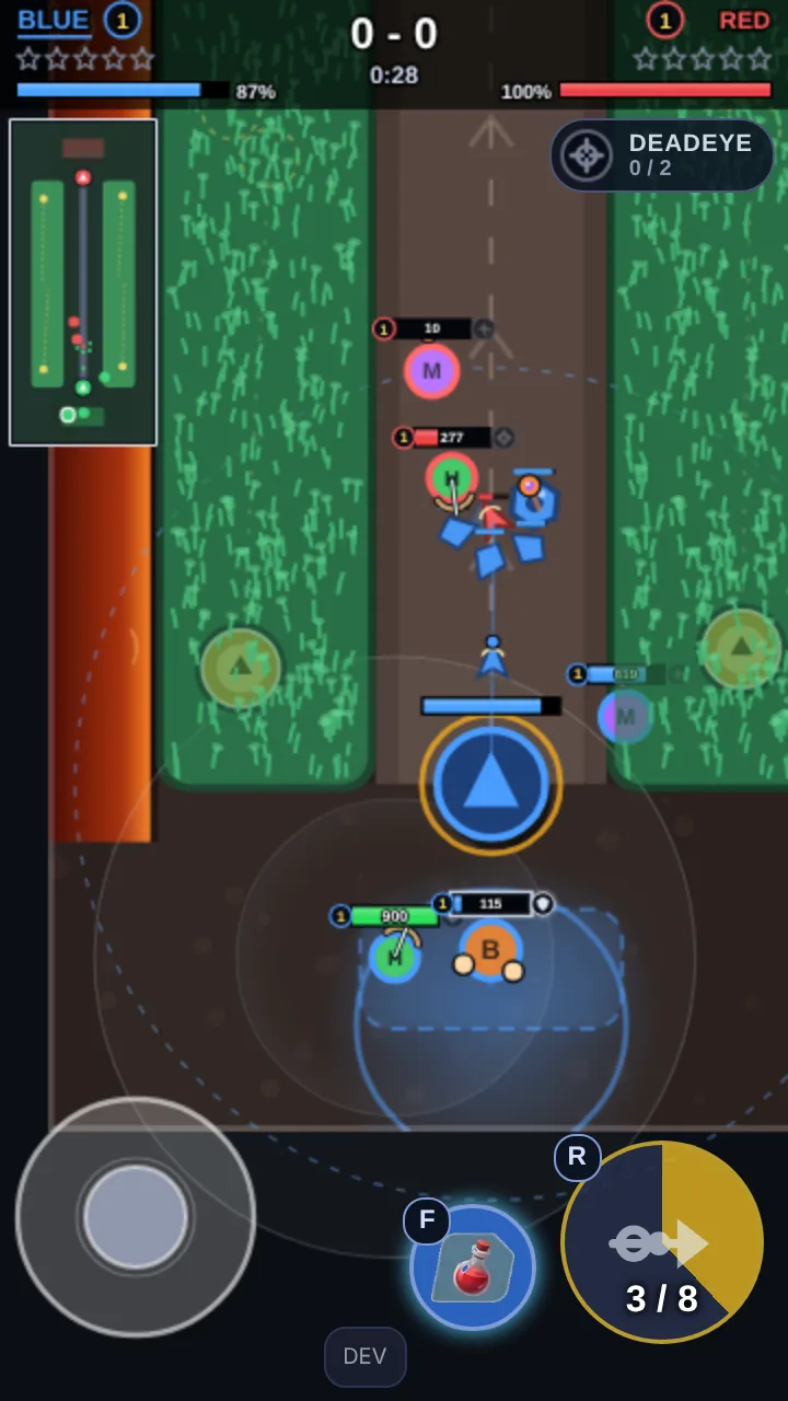 Blue team pushing up the Lite Arena lane with minions