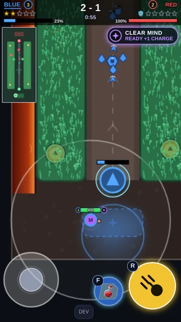 Meteor Mage with Clear Mind ready on the Lite Arena map, between two long bush strips