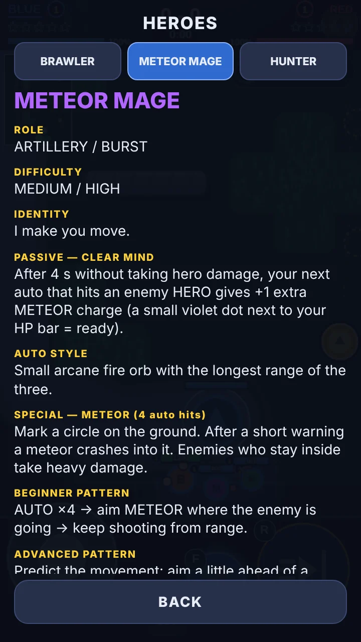 The Meteor Mage page of the in-game HEROES guide